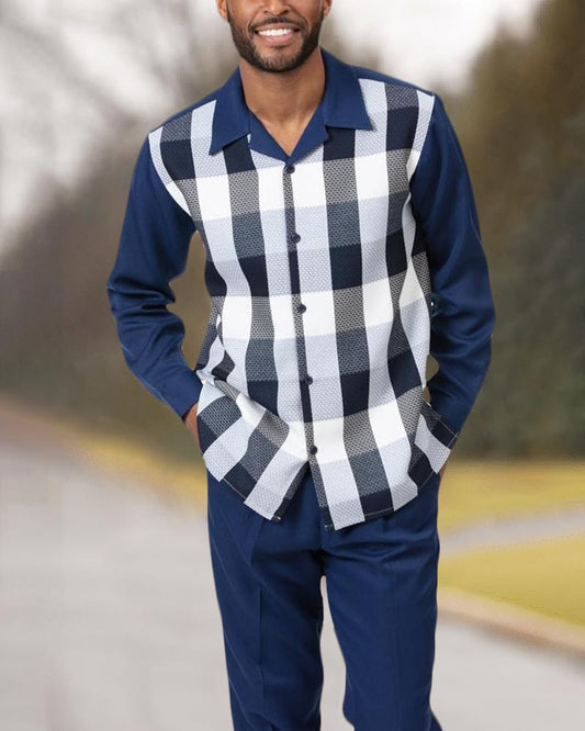 Dark Blue Checker Pattern Luxury Suit Long Sleeve Set