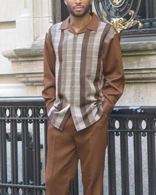 Brown Paths Pattern Luxury Walking Suit Long Sleeve Set