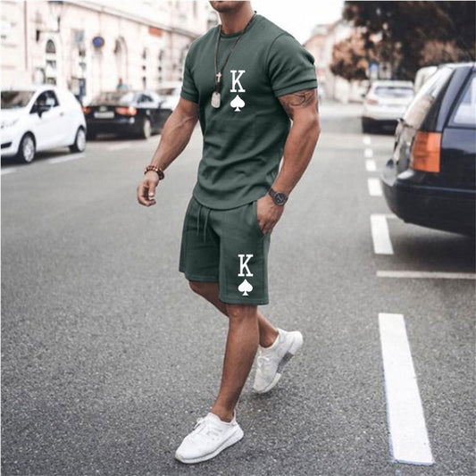 King Solid Green Sports T-shirt and Shorts Hawaiian Suit