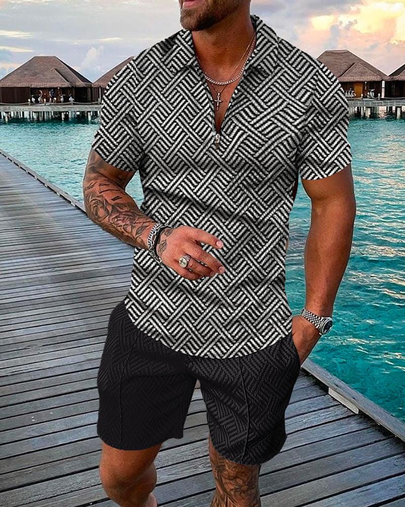 Woven Patterned Polo Shirt And Shorts Co-Ord
