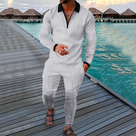 Casual Seaside White on Black Long Sleeve Polo Suit