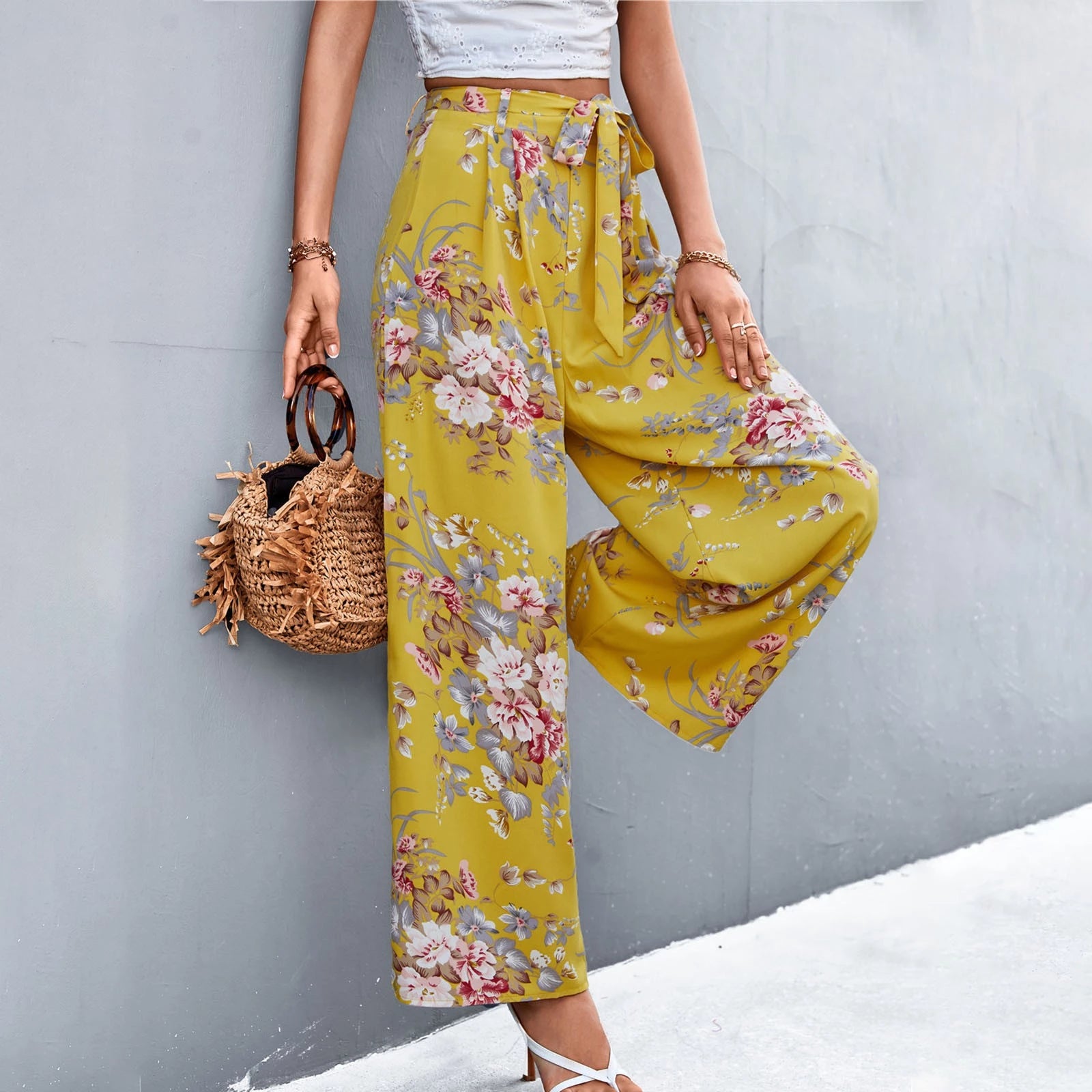 Lace Up Wide Leg Casual Printed Pants - DUVAL