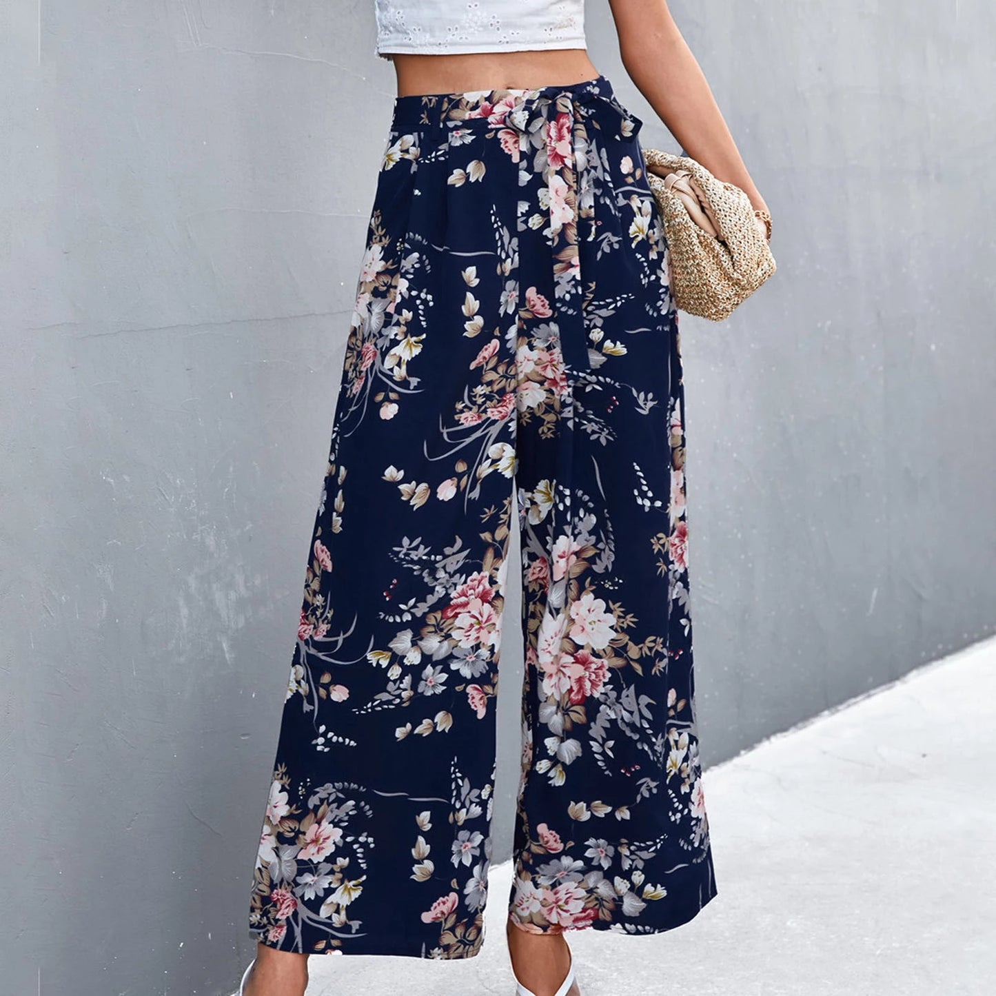 Lace Up Wide Leg Casual Printed Pants