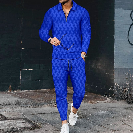 Luxury Medium Blue Long Sleeve Polo Suit