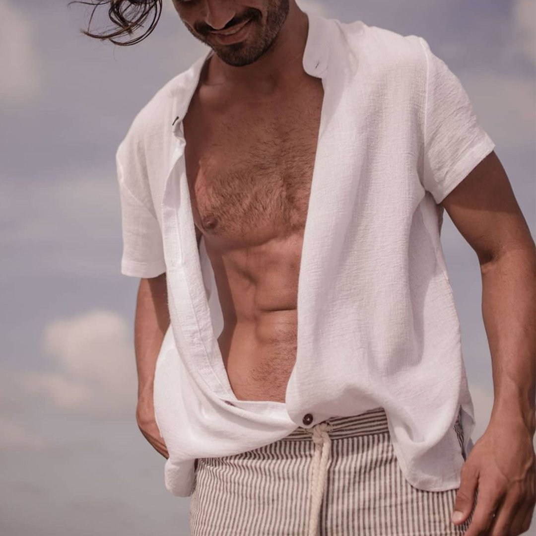 Men's Casual Retro Simple Vacation Loose Cotton Linen Short Sleeve Shirt - DUVAL