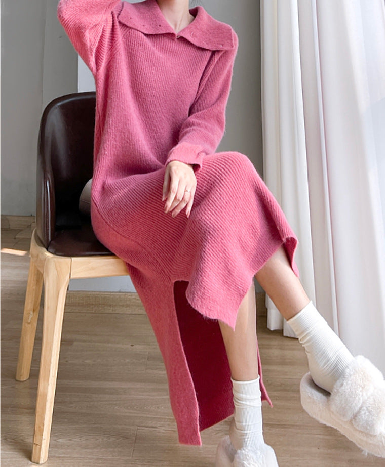 Two-wear autumn and winter loose slit knitted long dress with lapel collar