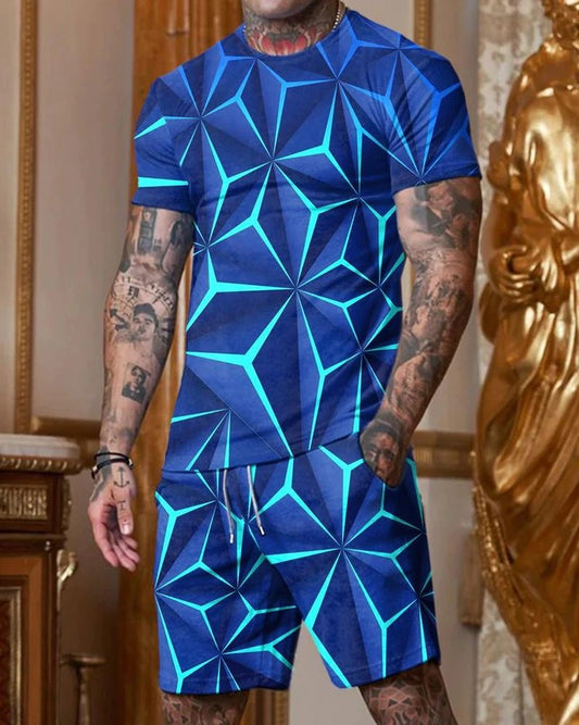 Men's Fashionable Blue Geometric Print Short-Sleeved Round Collar Suit - DUVAL