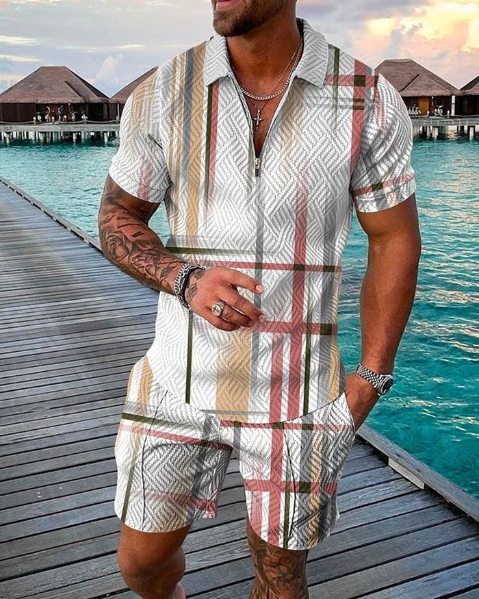 Men's Casual Lines Printed Polo Suit