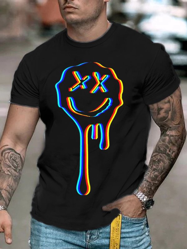 Men's Stylish Casual Black Smiley Face Printed Short Sleeve T-Shirt - DUVAL