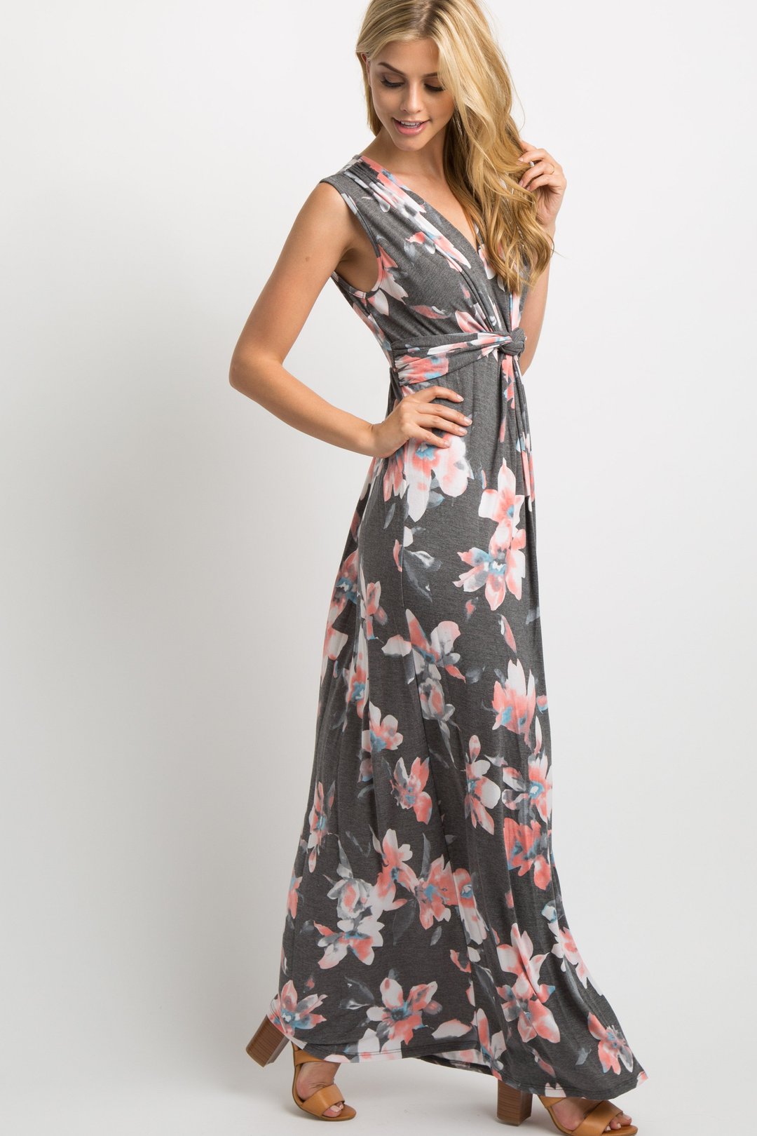 Charcoal Grey Floral Sleeveless Knot Front Maxi Dress - DUVAL