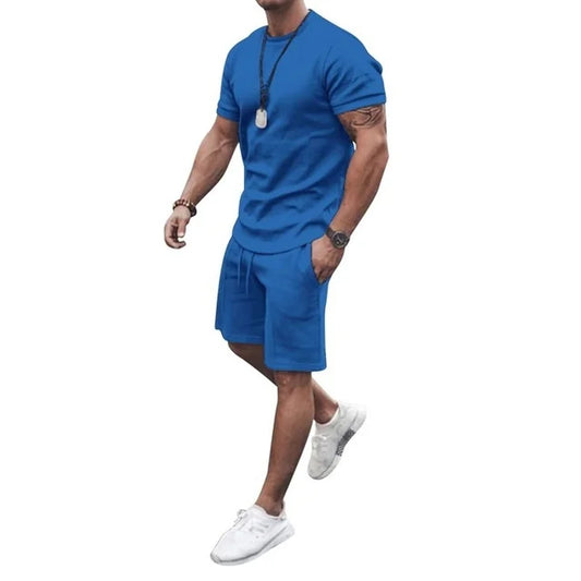 Summer Solid Blue Sports Hawaiian Suit Short Sleeve - DUVAL