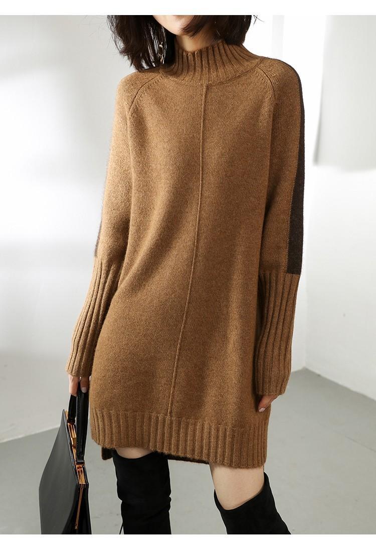 High-neck loose thick color-block knitted dress