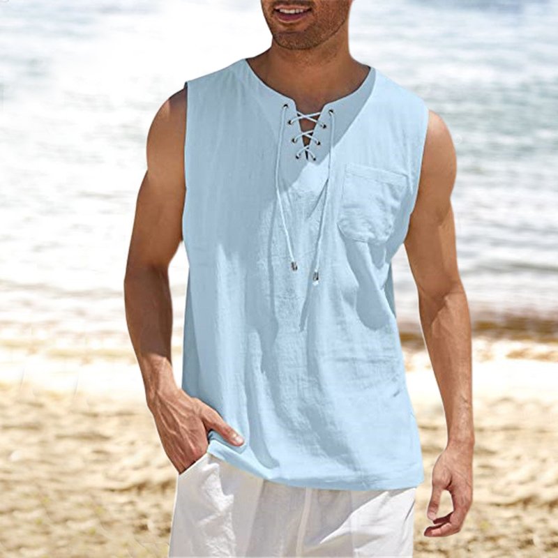 Men's Tank Top Shirt Lace-Up Solid Linen Short Sleeve T-Shirt - DUVAL