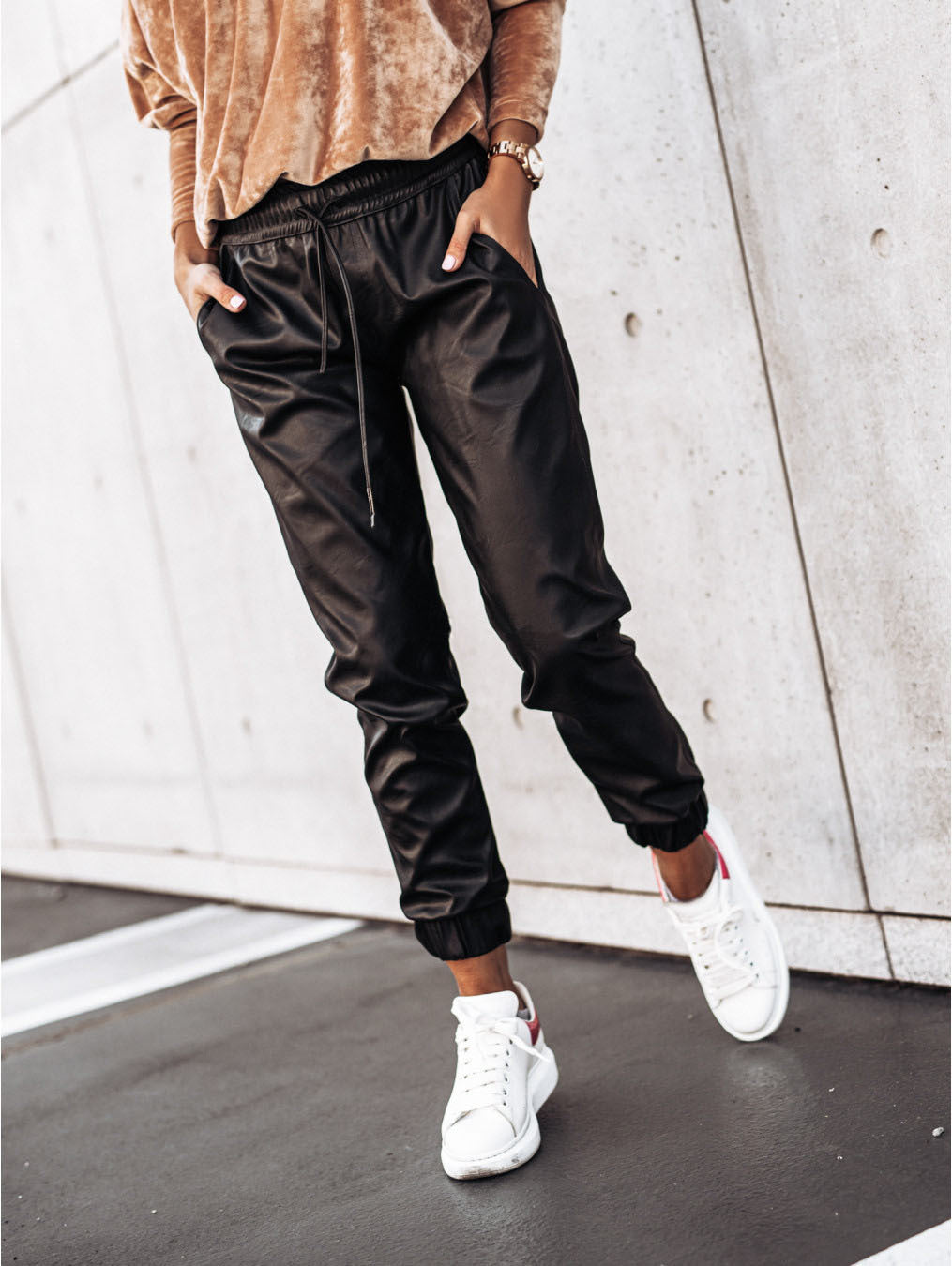 Temperament Simple Tie Slim Leather Pants