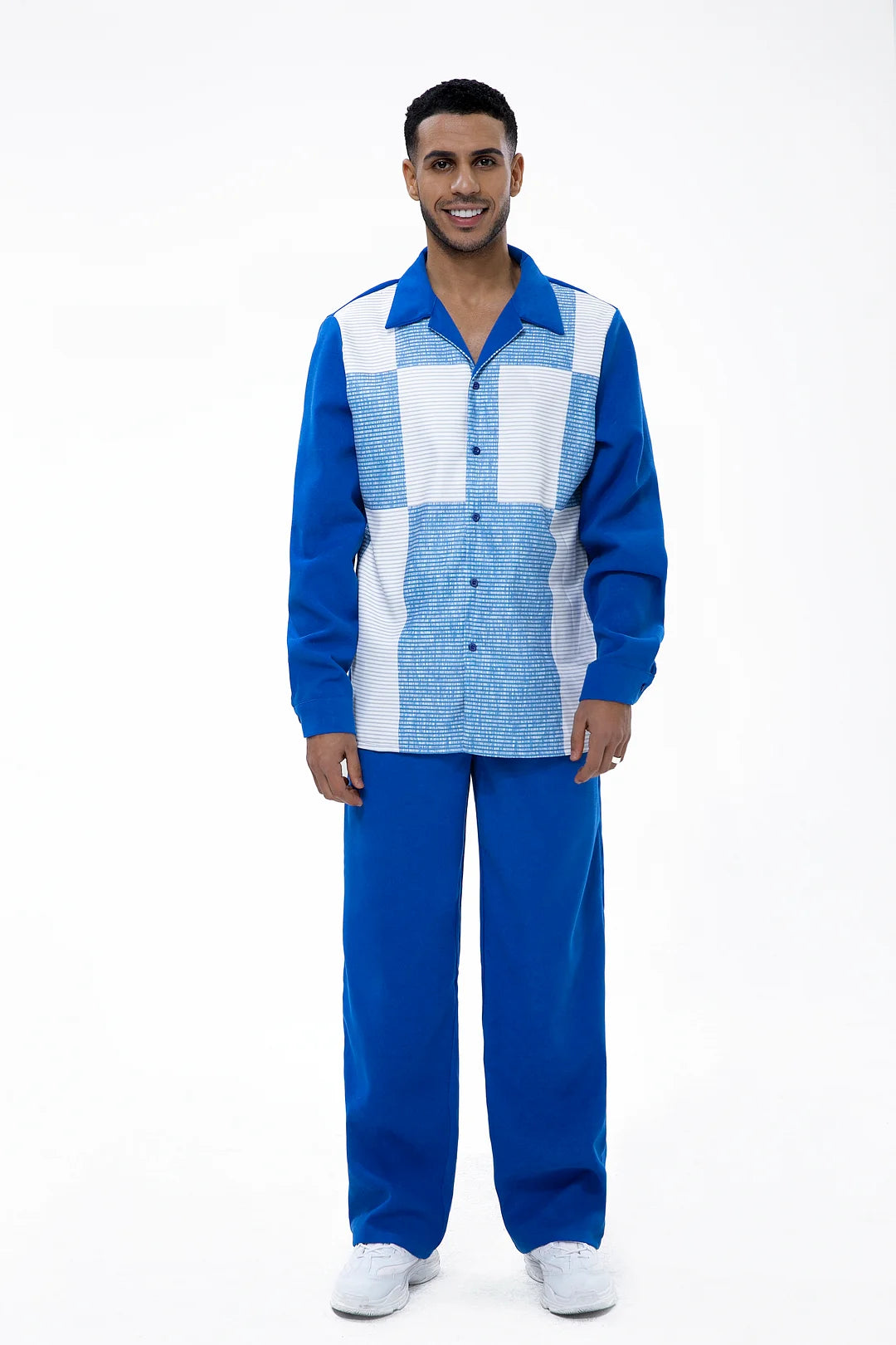 Long Sleeve Trousers Blue Suede Two-Piece Walking Set - DUVAL