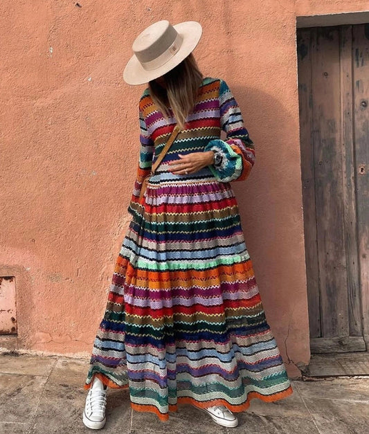 Mesh Multicolor Lantern Sleeves Maxi Dress