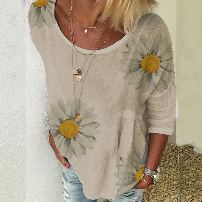 Chrysanthemum Print Round Neck Women's Short-Sleeved T-Shirt - DUVAL