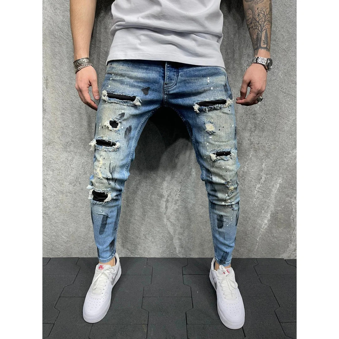Men's Trendy Knee Ripped Zipper Skinny Jeans - DUVAL
