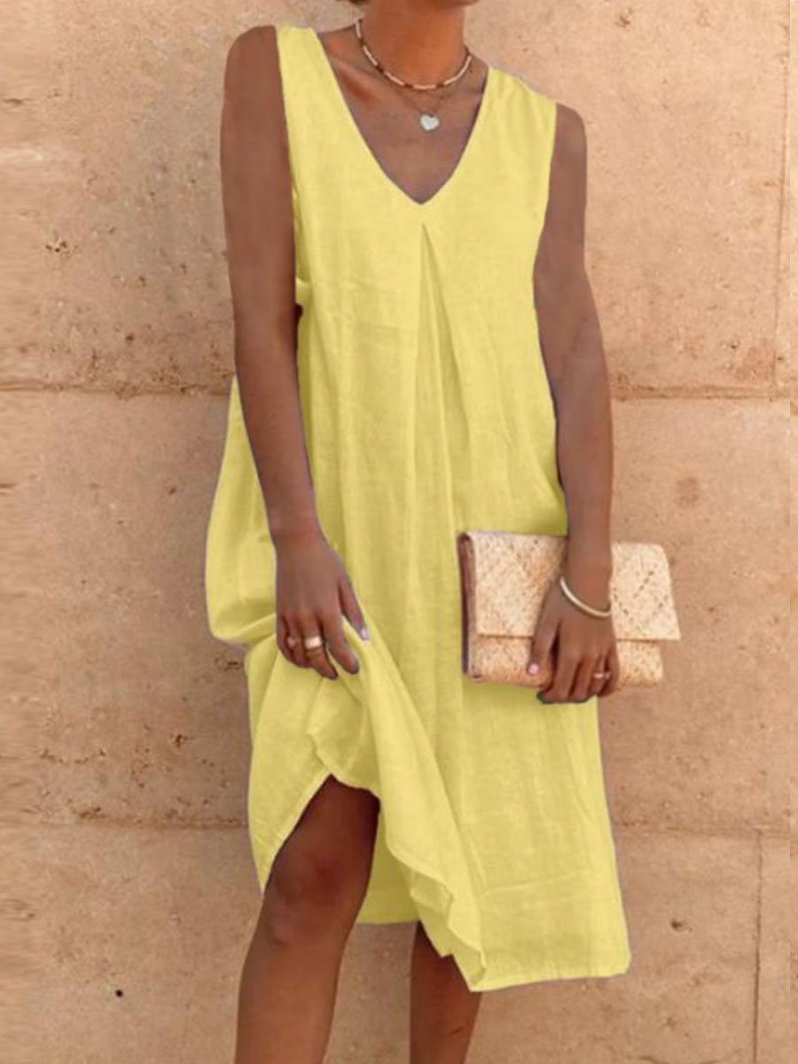 V-Neck Casual Loose Solid Color Sleeveless Midi Dress - DUVAL