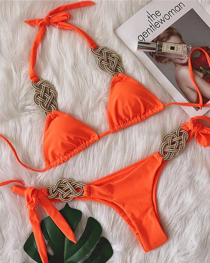 Solid Color Lace-Up Braided Lace Bikini