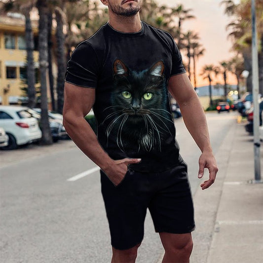 Men's Black Cat Print Round Collar Short Sleeve Suit - DUVAL