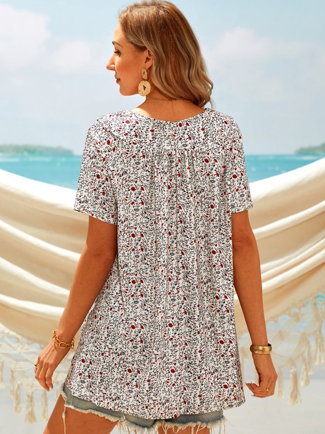 Plus Size Casual V Neck Floral Short Sleeve Tops - DUVAL