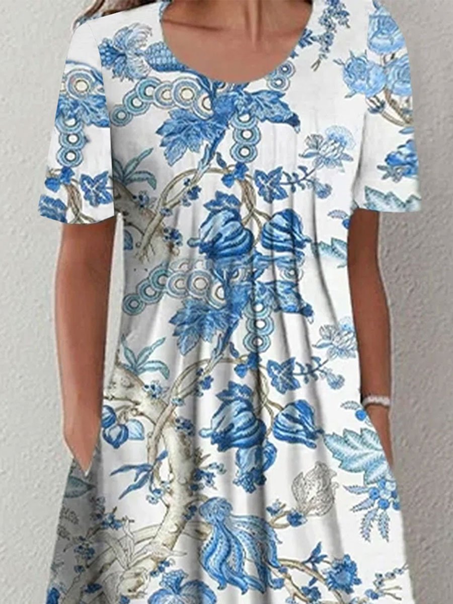 Round Neck Loose Floral Print Summer Short Sleeve Midi Dress - DUVAL