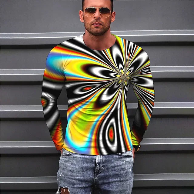 Men's  T shirt Tee Optical Illusion Graphic Prints Crew Neck Yellow Long Sleeve 3D Print Outdoor Street Print Tops Basic Sports Designer Casual - DUVAL