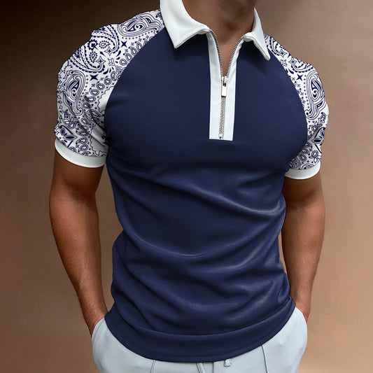 Men's Casual Paisley Pattern Print Color Matching Short Sleeve Zipper Polo Shirt - DUVAL