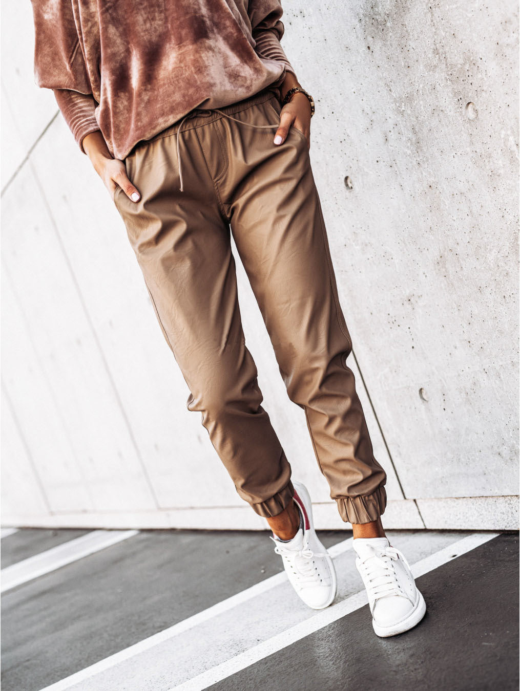 Temperament Simple Tie Slim Leather Pants