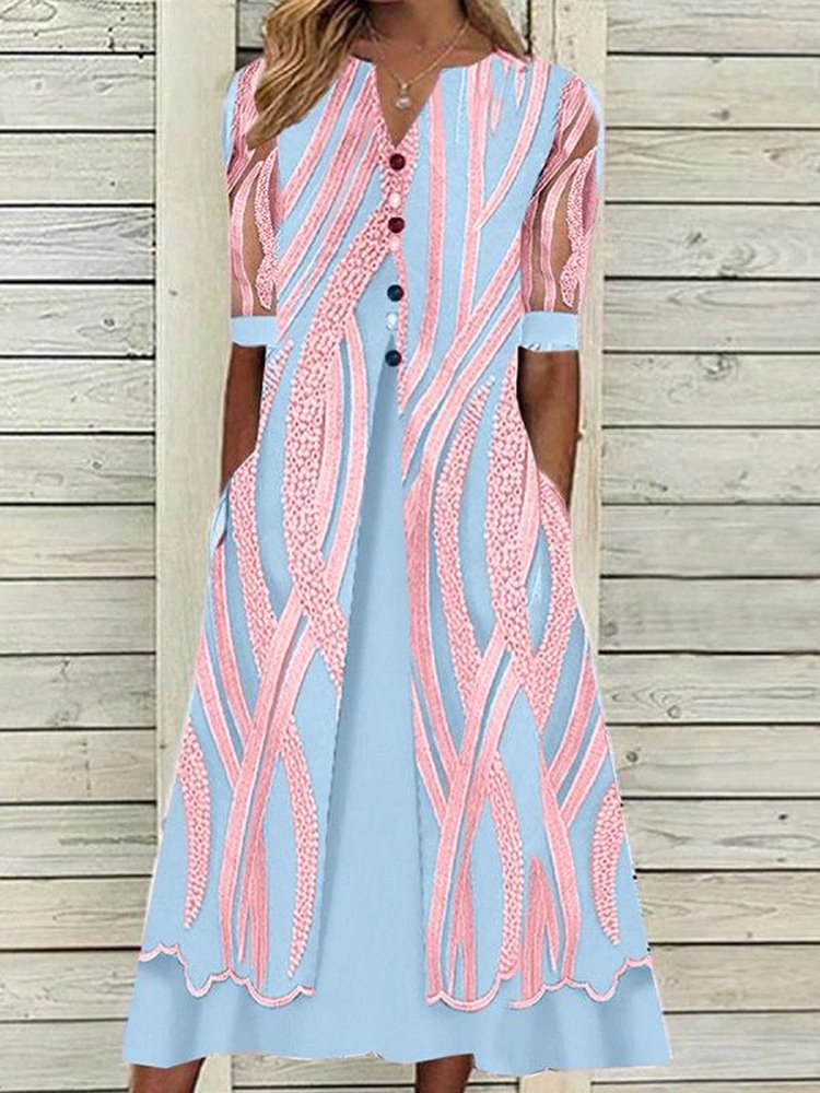 V-Neck Printed Loose Short Sleeve Maxi Dress