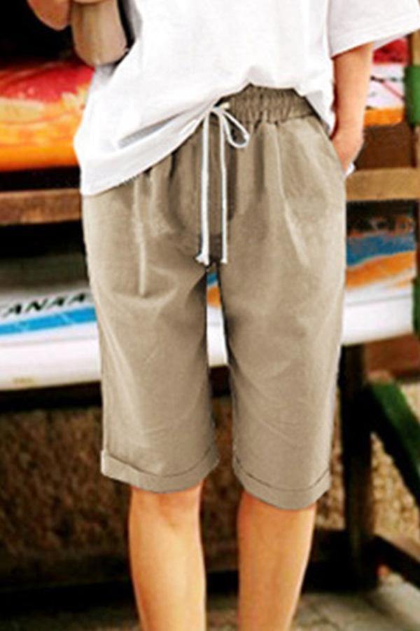 Solid Casual Self-tie Side Pockets Short Pants