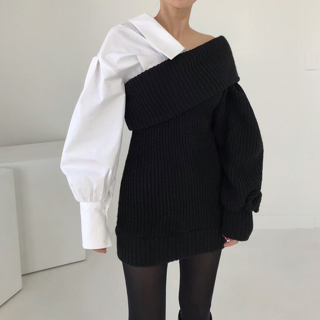 Robe à épaules inclinées en deux pièces, épissure de mode