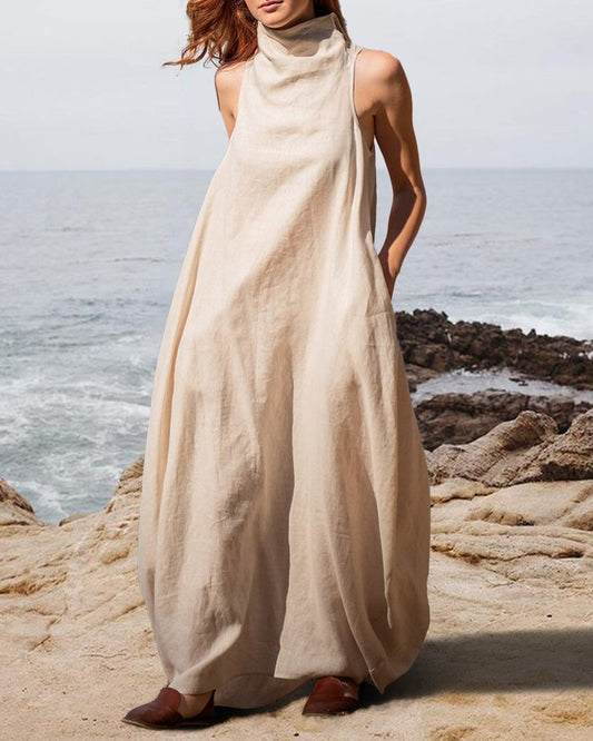 Stand Collar With Back Crinkle Linen Maxi Dress - DUVAL