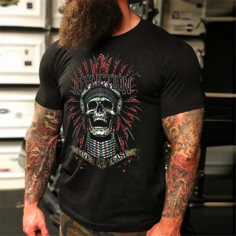 Men's Indian Skull Head Dark Biker T-Shirt - DUVAL