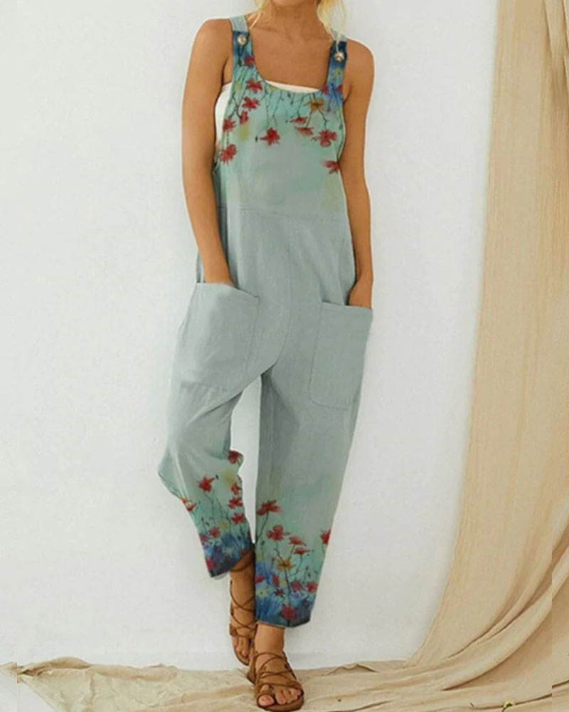 Vintage Abstract Print Bib Jumpsuit