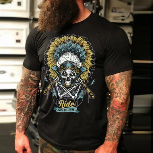 Skull Indian Men's Short Sleeve Style Head Dark Biker T-Shirt - DUVAL
