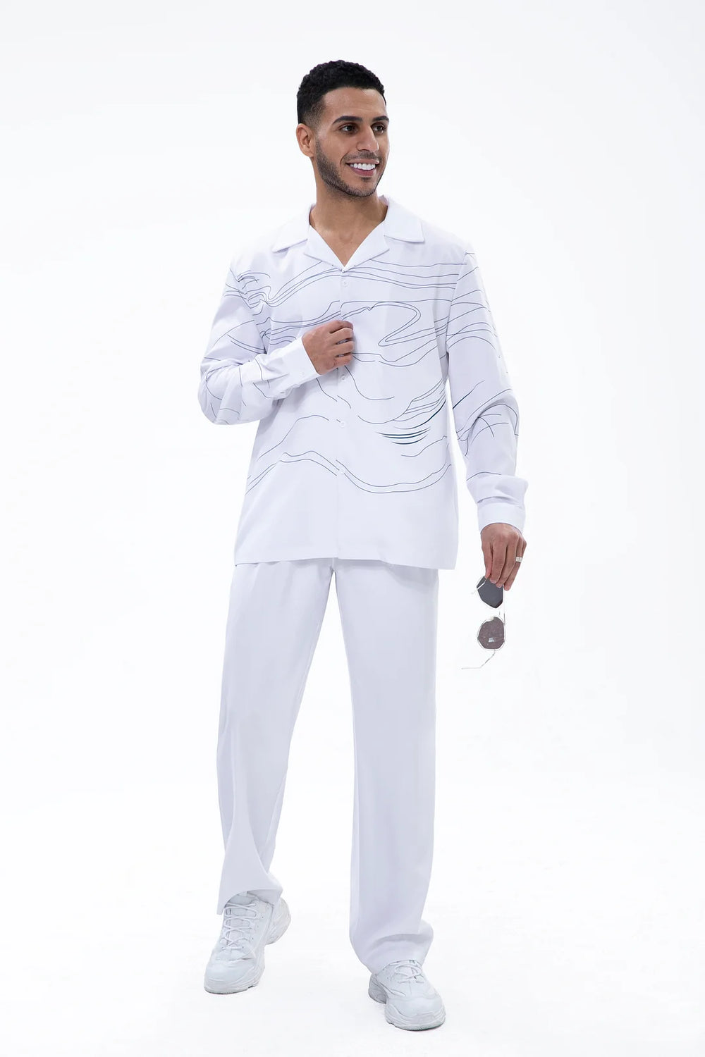 White Art Two-Piece Long Sleeve Print Walking Pants - DUVAL