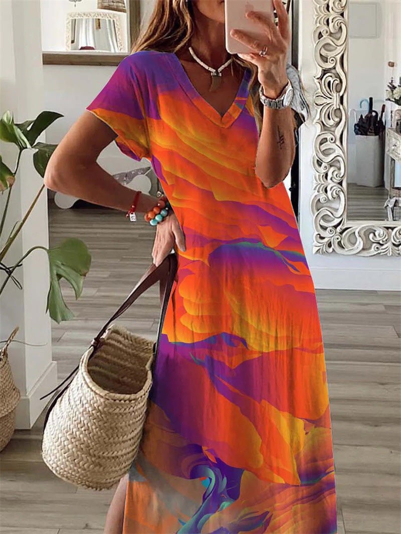 Women's Dresses V-Neck Multicolor Printed Short Sleeve Slit Dress - DUVAL