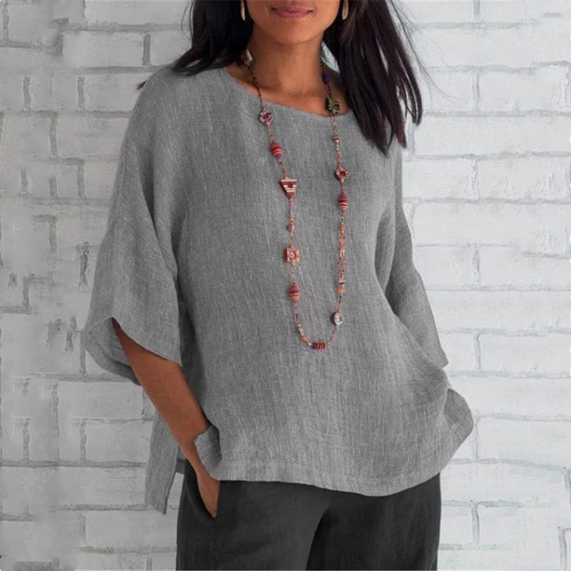 Seven-Point Sleeve Round Neck Cotton Linen Shirt Top - DUVAL