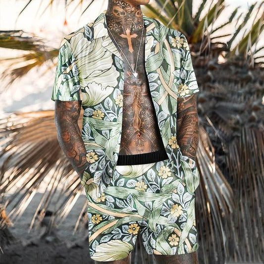 Men's Fashion and Leisure Green Floral Printed Beach Suit