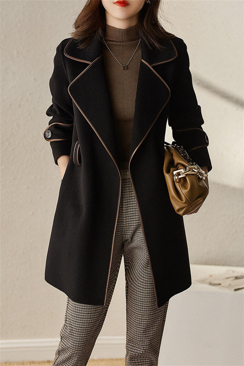 Autumn and winter mid-length slim fit tie woolen coat