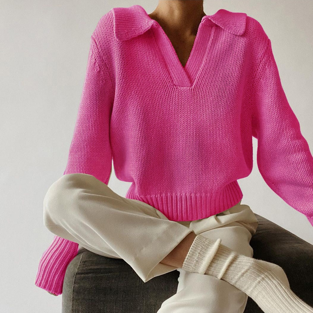 Chic Solid Color Lapel Sweater