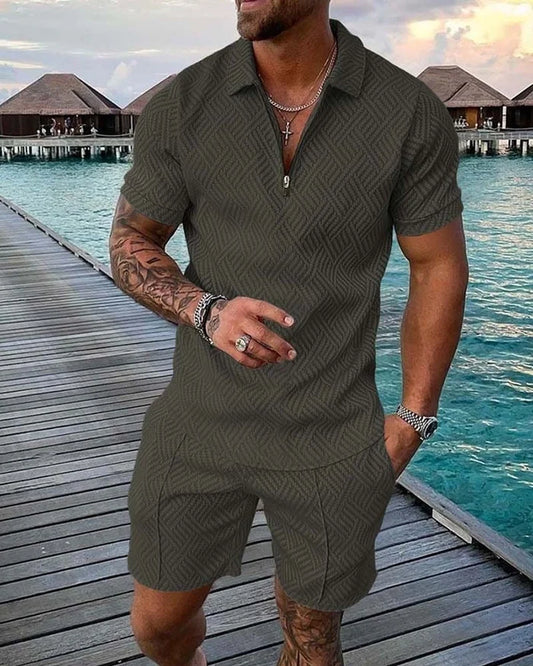 Men's Casual Leisure Green Printed Polo Suit