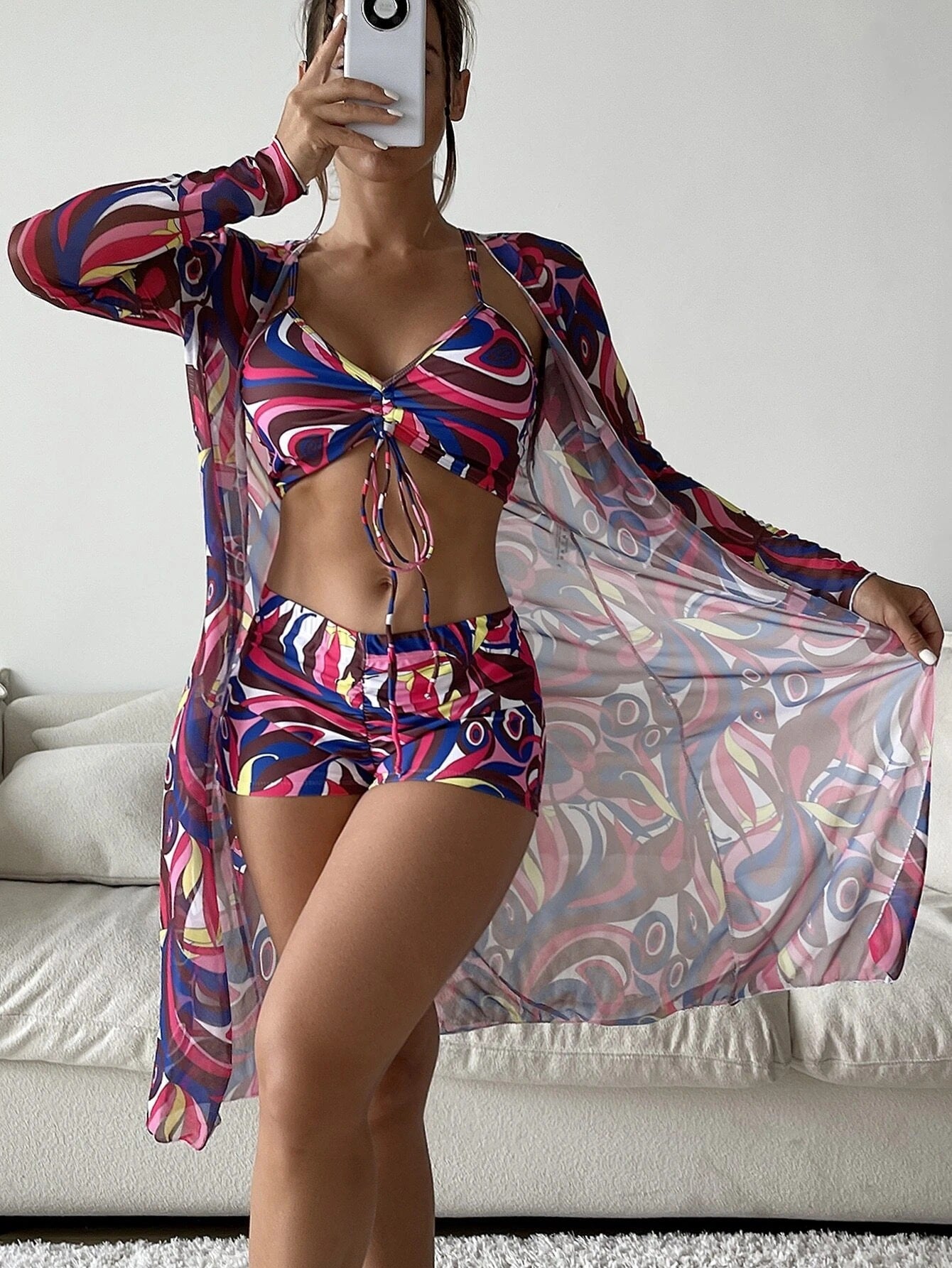 High-waisted Swimsuit with Long-sleeved Cardigan