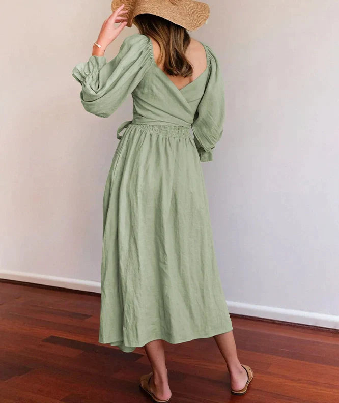 French Ruffled Lantern Sleeves Multi-wear Dress Green