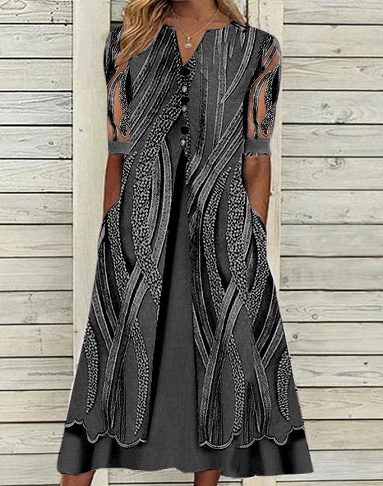 V-Neck Printed Loose Short Sleeve Maxi Dress - DUVAL