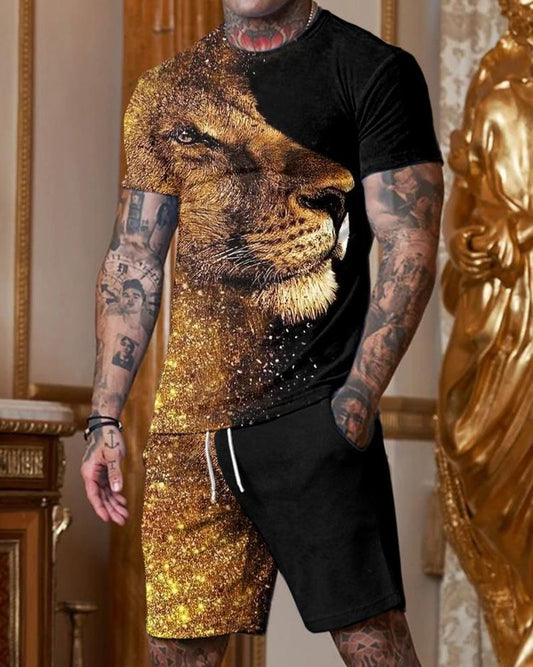 Men's Fashion Black and Gold Lion Print Short Sleeve Round Collar Suit