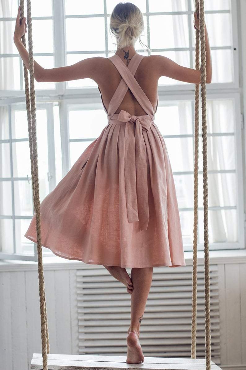 Cross Back Bow-tie/Lace Up Linen Dress - DUVAL