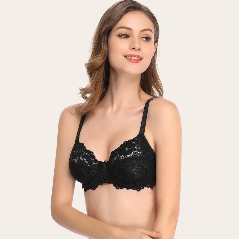 Full Coverage Floral Lace Bra Non-Padded Balconette Underwire Bra Soft Cup
